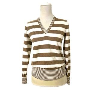 Liz Claiborne Shimmer Tan Ivory Stripe V-Neck Long Sleeve Sweater